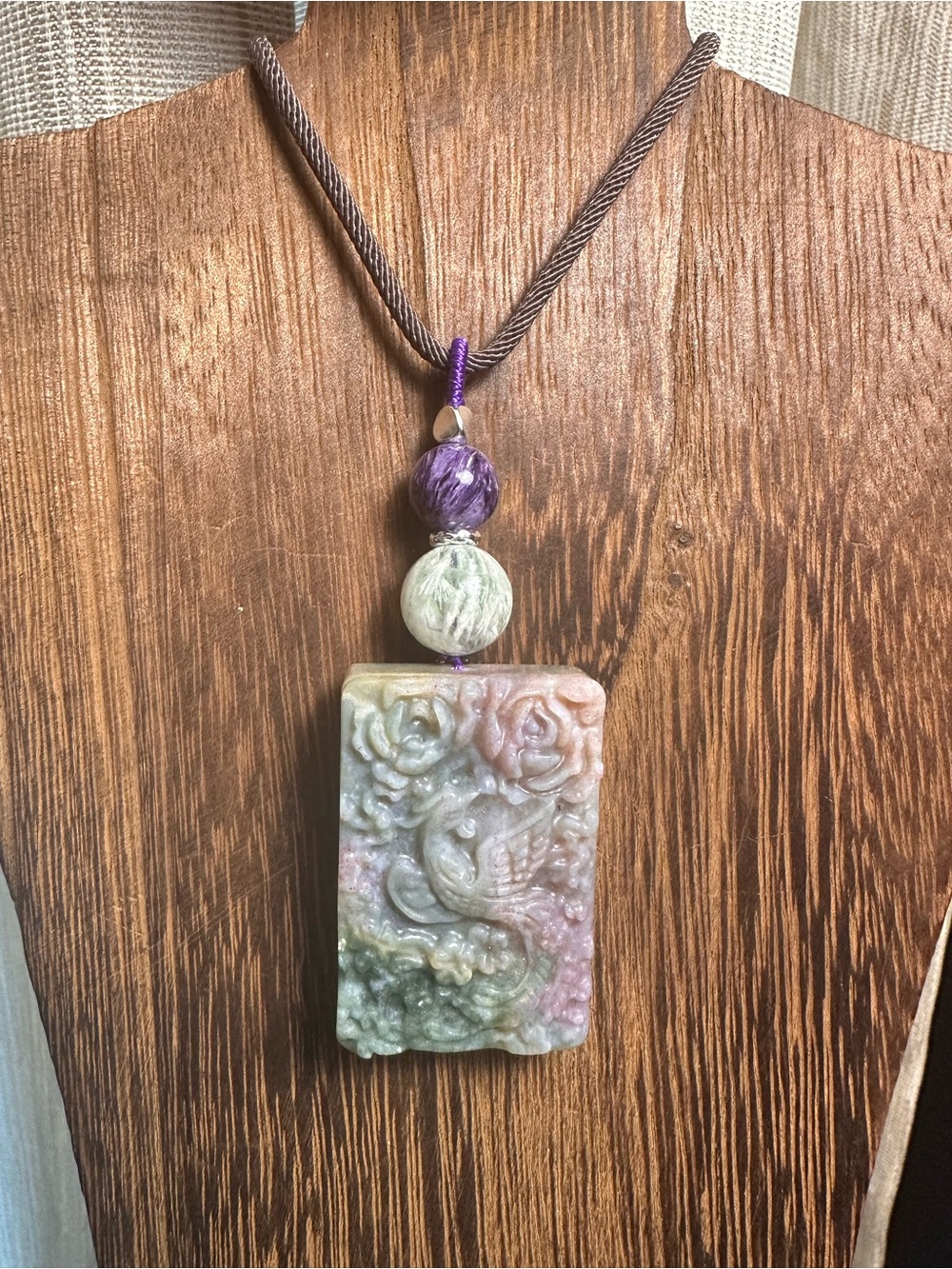 Ocean Jasper Phoenix Pendant Necklace with Feather Fluorite on Brown Rope - Picture 14 of 15